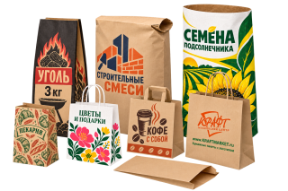 Бумажная упаковка: мешок для семян подсолнуха, клапанный мешок для строительных смесей, пакет для угля 3 кг, пакеты с ручками и небольшие пакеты без ручек