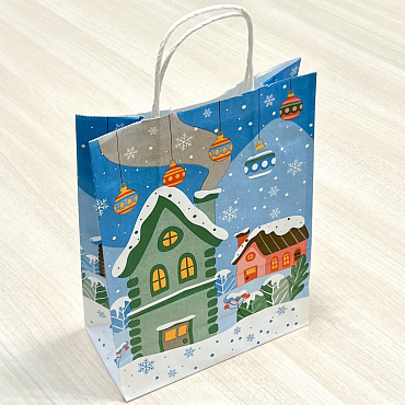 пакеты новогодние 31х22х11 белые с кручен. ручками, печать "Зимняя сказка"