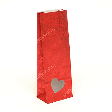 Пакет подарочный 22,5х8,0х5,0 бумага+п/э с окном сердце, печать "Сердце"-