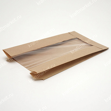 Пакет с плоским дном 31,5х20,0х5,0 (п/п окно-9,0) из бежевой бумаги