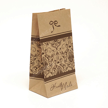 Пакет фасовочный с готовым принтом 19,0х10,0х7,0 из коричневой крафт бумаги, "Hand made"