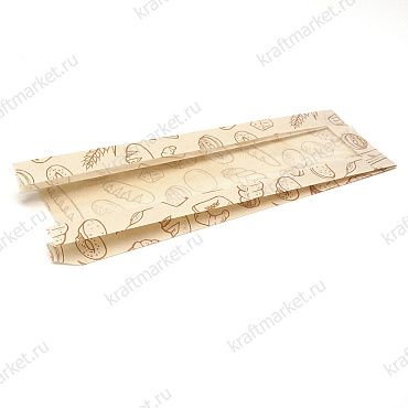 Пакет с плоским дном 30,0х10,0х5,0 (п/п окно-5,0) из бежевой бумаги, печать "Хлеб"