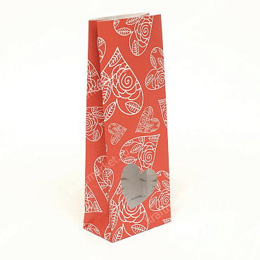 Пакет подарочный 26,0х10,0х6,0 бумага+п/э с окном сердце, печать "Сердечные поздравления"-