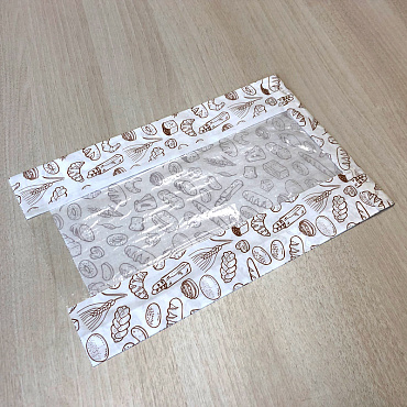 Пакет с плоским дном 30,0х20,0х5,0 (п/п окно-9,0) из белой бумаги, печать "Хлеб"
